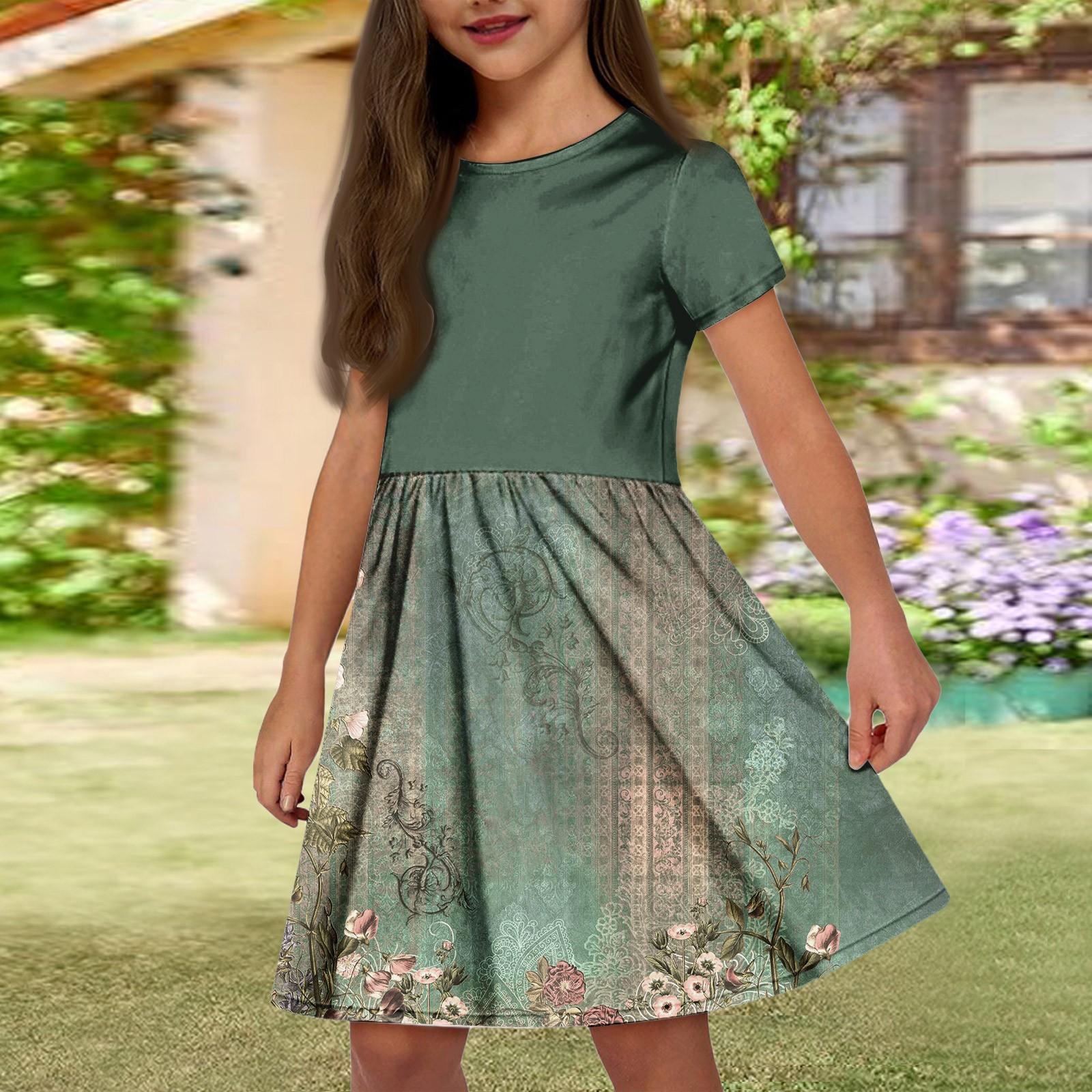 

Летнее платье для девочек, однотонное платье без рукавов с принтом и карманом, повседневное платье, вечернее платье с короткими рукавами 150