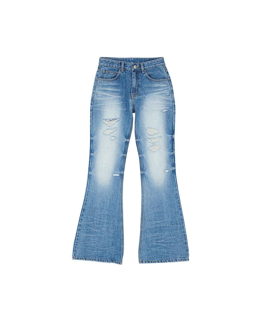 NO EXTRA TOUCH Dirty Embossed Distressed Bootcut Denim (Mid Blue)_26Sppt002Mb