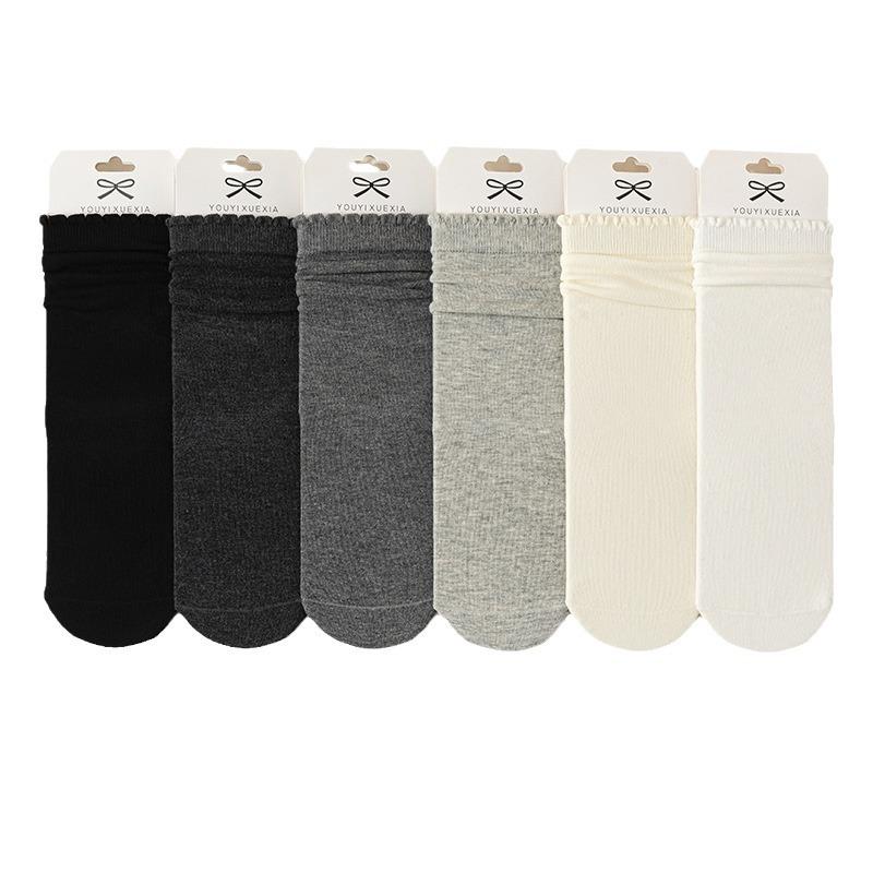 Ladies Spring and Autumn Wood Ear Lace Sports Solid Color Preppy Style Boneless Mid Barrel Pile Cotton Socks