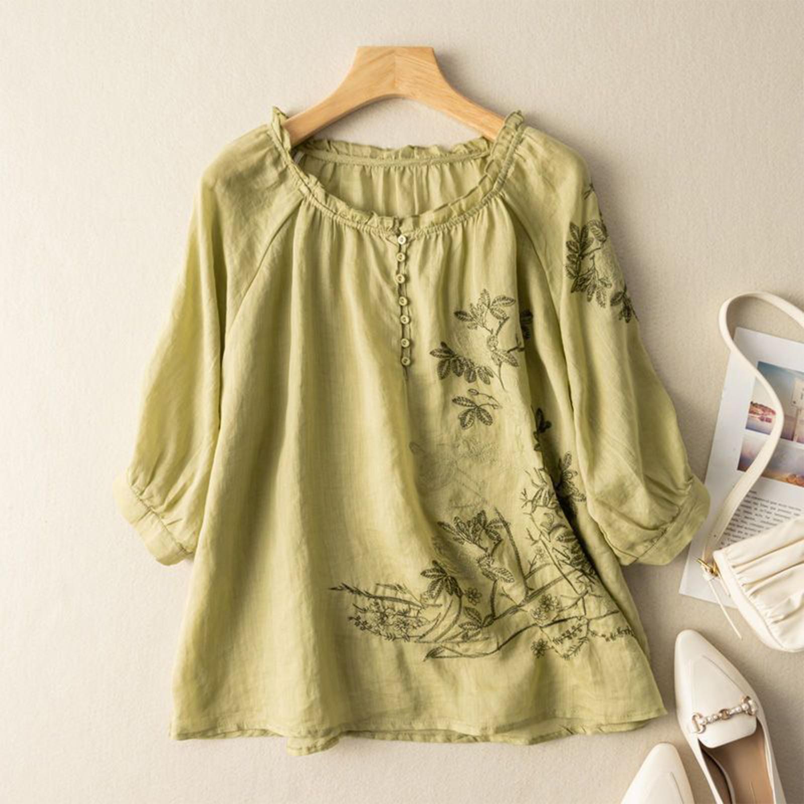 Women s Casual Fashion Pullover Short Sleeve Round Neck Embroidered Shirt Top L