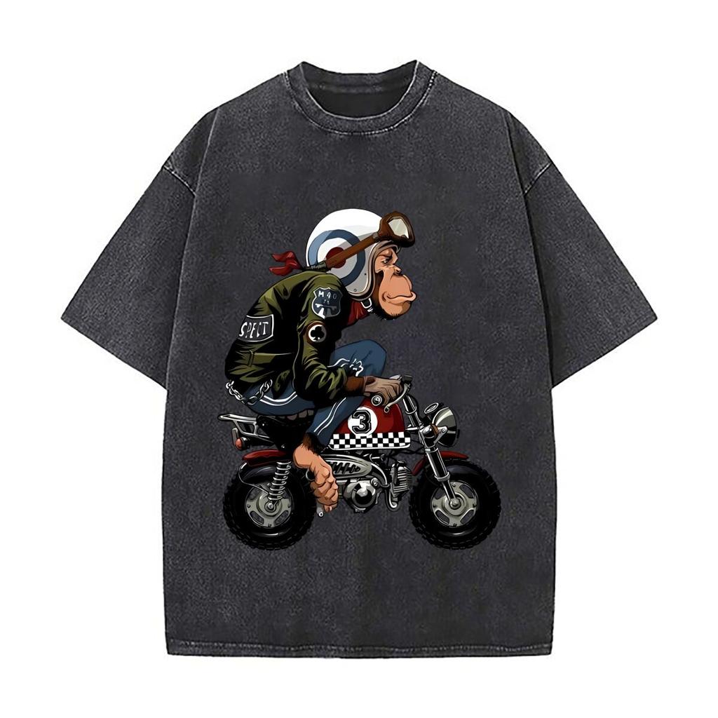 Monkey Biker Whimsical Retro rider Character Art Washed Faded Vintage Short Sleeve Fashion Versatile Daily Tee