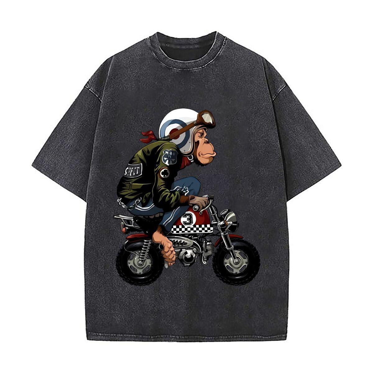 Monkey Biker Whimsical Retro  rider Character Art Washed Faded Vintage Short Sleeve Fashion Versatile Daily Tee S