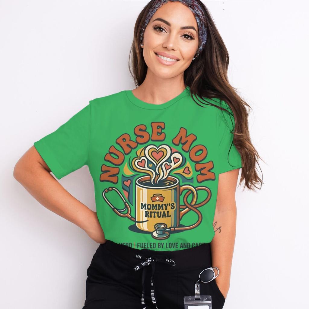 Nurse Mom Tshirts Mommys Ritual Vintage Streetwear Fashion Stethoscope And Coffee Pattern Women Short Sleeve Nurse Tshirt Gift
