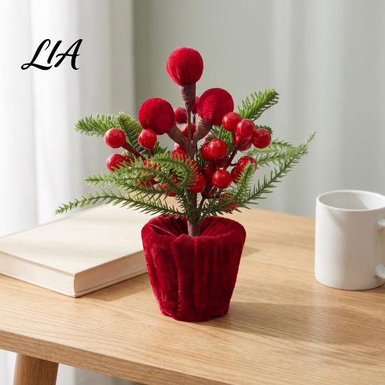 Holiday Table Plants Velvet Christmas Ball Potted Plants, Mini Tree with Artificial Pine, Desktop Red Berry, Fabric Bow, Tabletop Centerpiece for Xmas