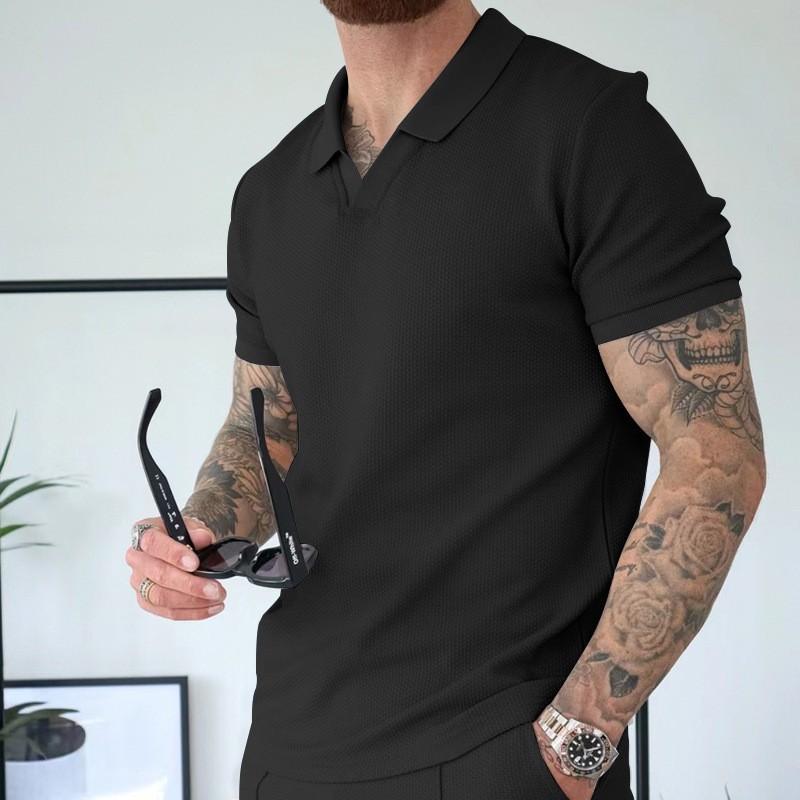 New Summer V-neck Short-sleeved Shorts Two-piece Set with Turn-down Collar Polo Shirt for Men