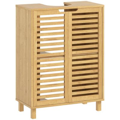 Under Sink Bathroom Cabinet, Freestanding Bamboo Under Sink Cabinet with Louvered Doors and Adjustable Shelf, Natural
