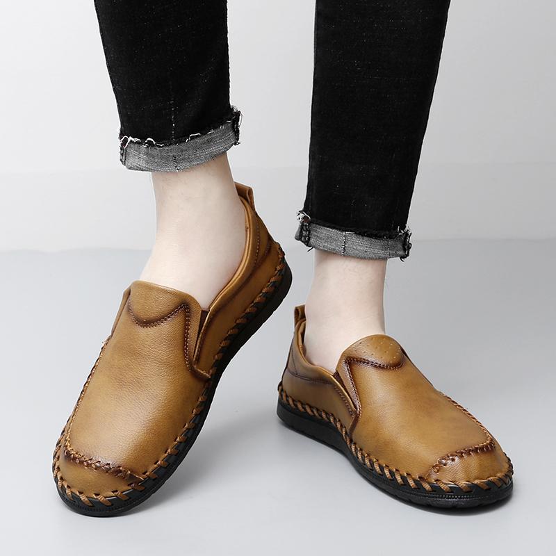Men Brown Slip on Moccasins Hiking Shoes Black Flats Driving Shoes Blue Handmade Casual Wide Head Shoes Plus Size