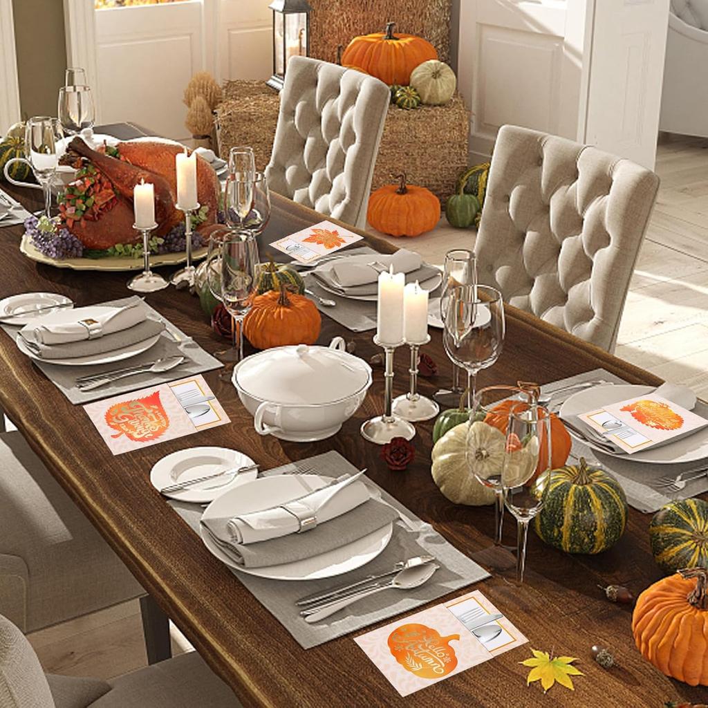FOIMAS Thanksgiving Cutlery Holder,24 Pack Pumpkin Turkey Cutlery Utensil Holders for Fall Thanksgiving Harvest Party Dinner Table Decoration Supply