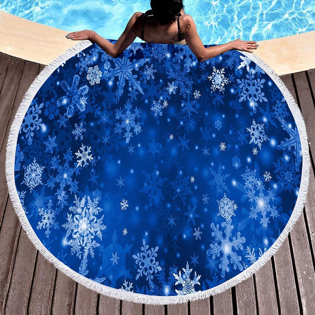 Snowflakes Round Beach Towel Christmas Decor Beach Blanket Soft Microfiber Winter Themed Towel For Boys Girls Teen New Year Gift