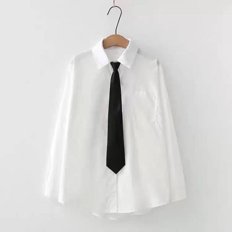 Czarne koszule z długimi rękawami Męskie koreańskie wygodne bluzki Casual Luźna koszula jednorzędowa z krawatem