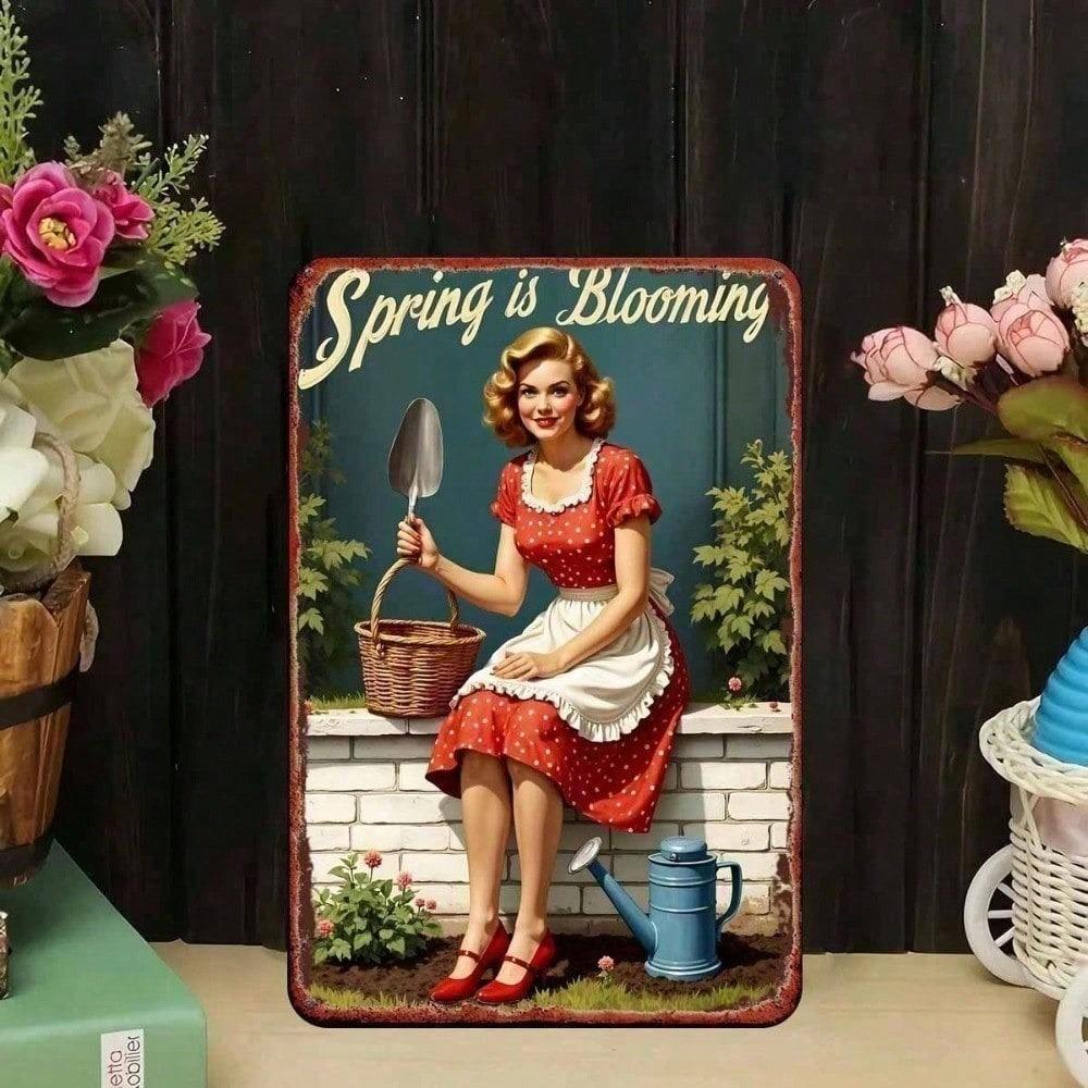 1pc Retro Spring Garden Floral Metal Tin Sign Vintage Blossom Wall Art For Bedroom Bar Garage Outdoor Rustic Home Decor