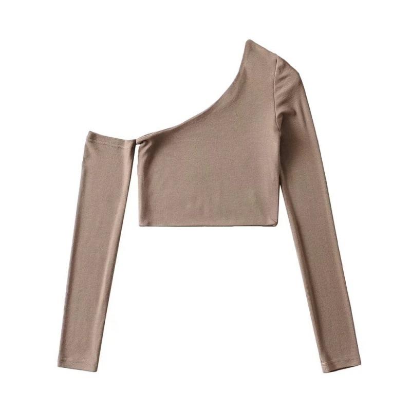 

Европейская и американская мода, сексуальный, тщательный машинный дизайн, короткая футболка с диагональными плечами и длинными рукавами, женский топ нерегулярной формы, можно маркировать XL хаки