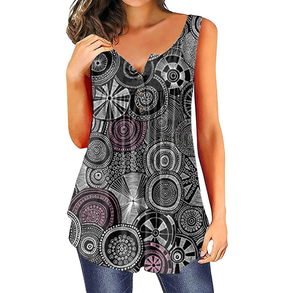Women's Fashion Floral Printing Pleated Sleeveless Casual T-shirt Vest Button Top