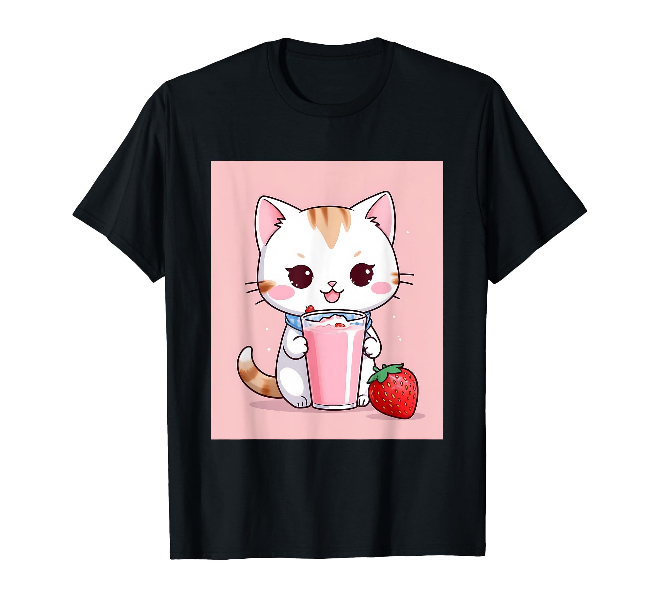 

strawberry things printed Kawaii, cat, milk, cute, Japanese, T-shirt чорний