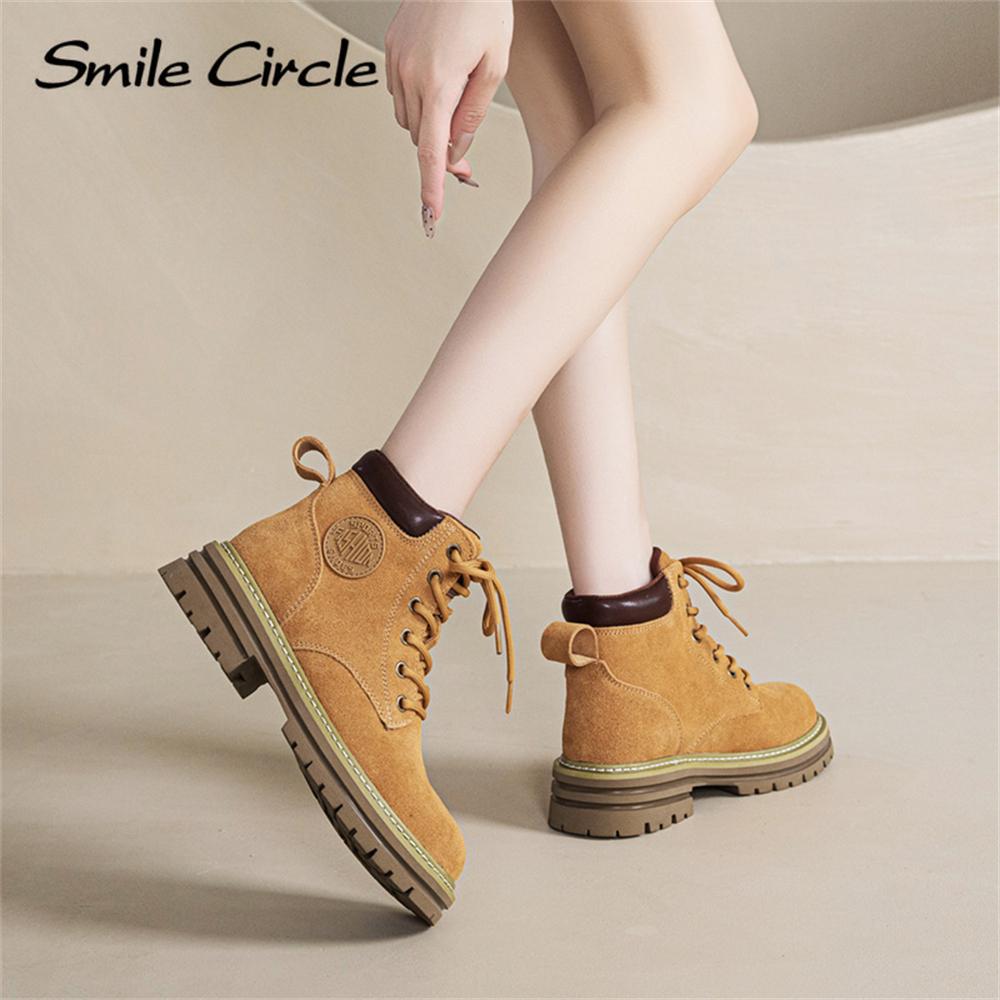 Natural Suede Women Boots Soft Sole Lace-up Thick Boots Fashion Casual Work Boots