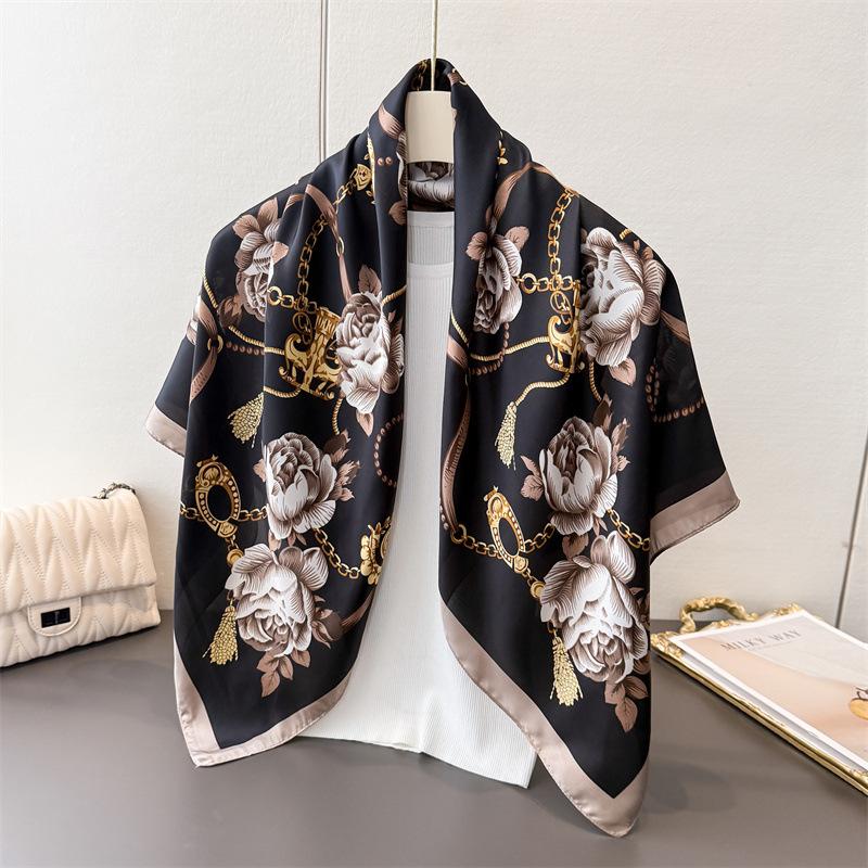 Chain Flower Simulation Silk Printing Large Square Scarf Silk Scarf Shawl Headscarf Beach Scarf Neck Protection Scarf Decorative Women'S Scarf