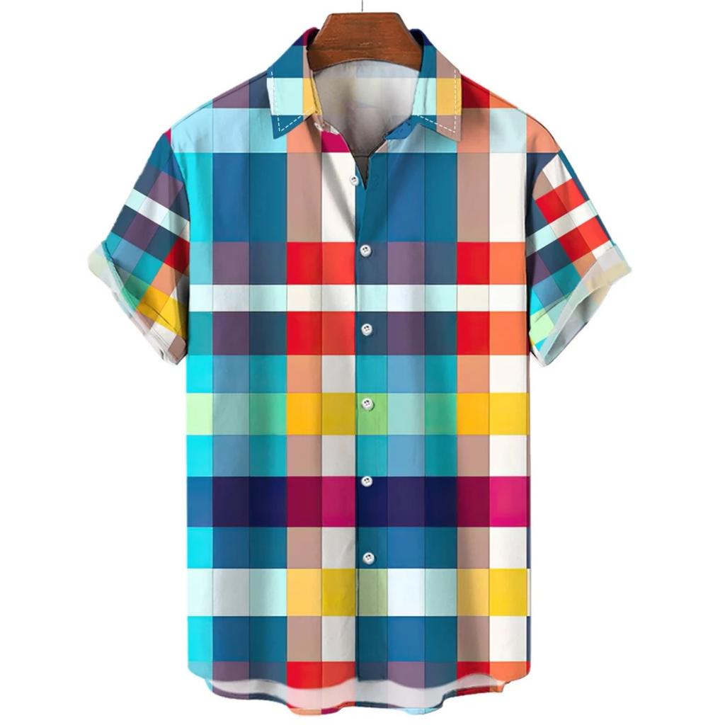 Men's Gradient Striped Short Sleeve Shirt, Loose Fit Casual Button-Down Top for Daily Commute and Vacation Wear