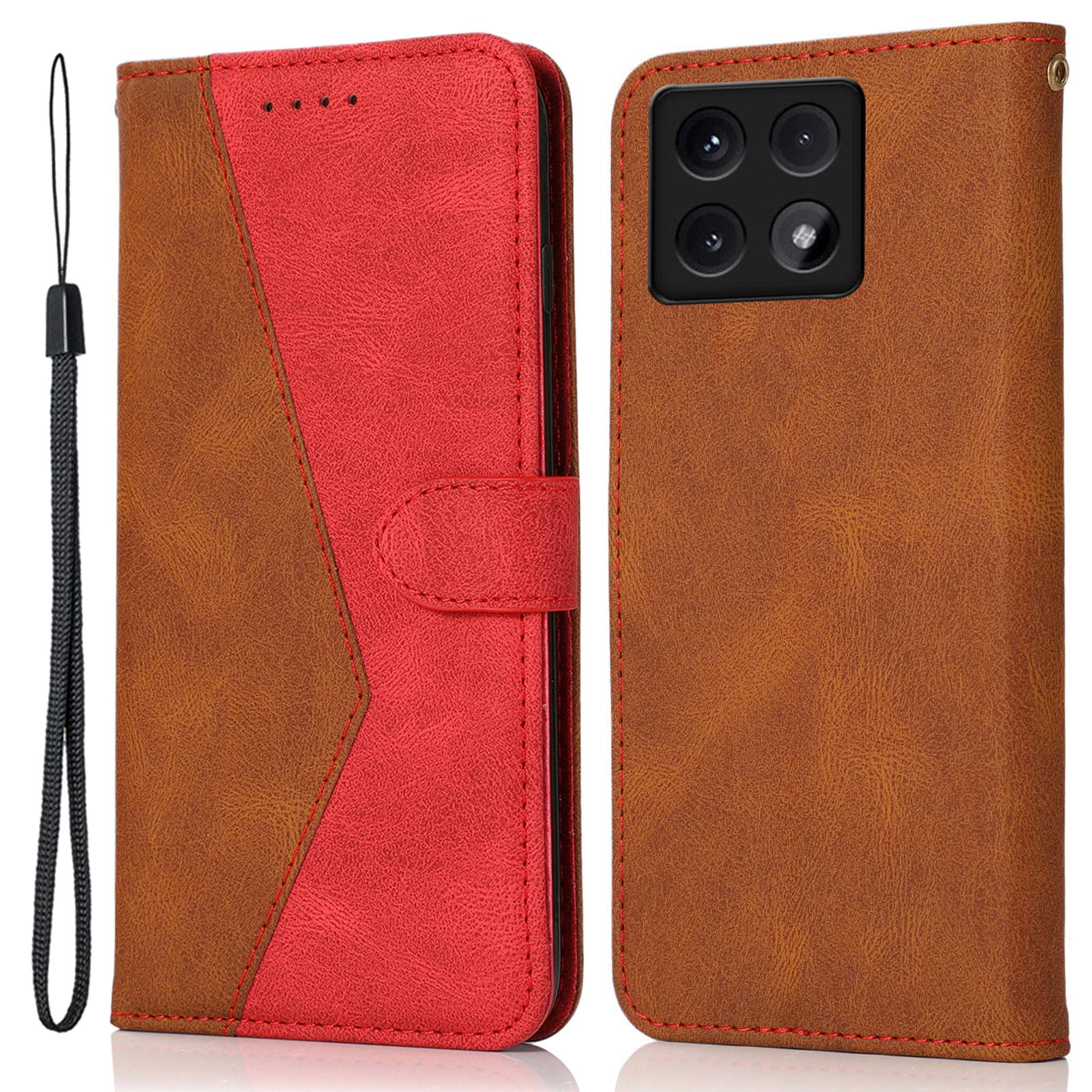 

For Xiaomi 14T Cover Color Splicing Wallet Stand Leather Phone Case with Wrist Strap Brown Red