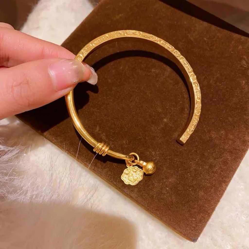 2025 Chinese Style Golden Auspicious Open Cuff Bangle for Women - Ancient Sand Gold Stackable Half-Bangle Bracelet