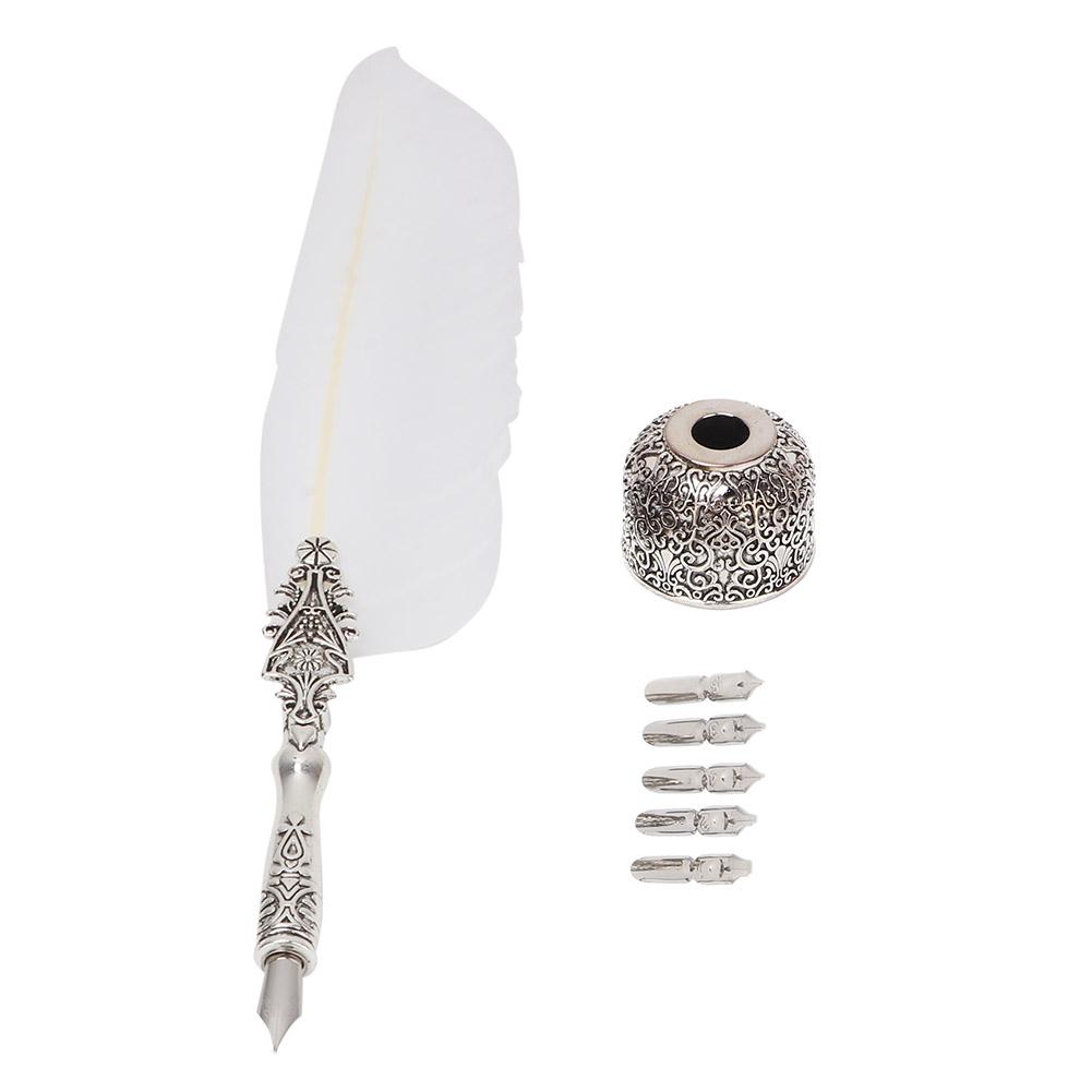 European Vintage Fountain Pen Feather Quill Dip Pen Signature Pen Set Stationery Gift (White)