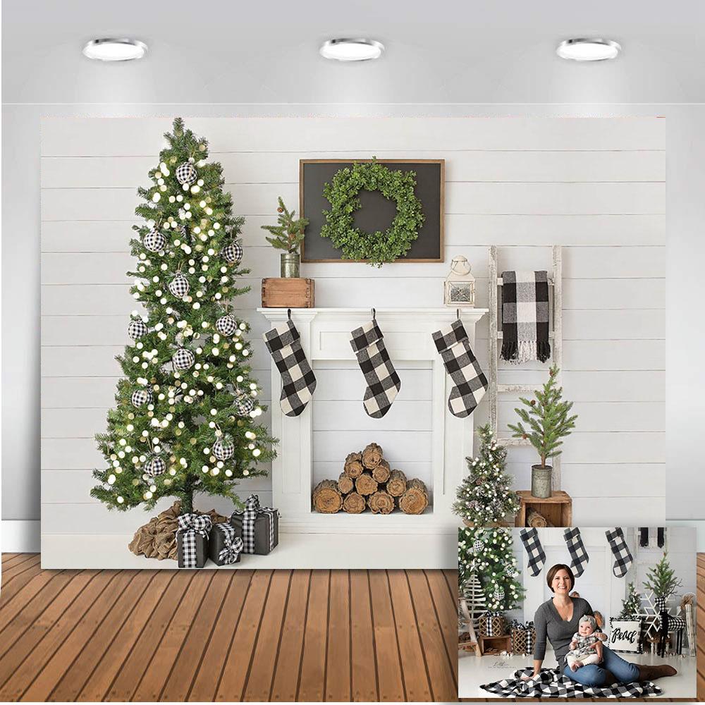 Christmas Tree Stairs Photography Backdrops Wooden Floor Fireplace Portrait Vinyl Photographic Background Photocall Photo Studio