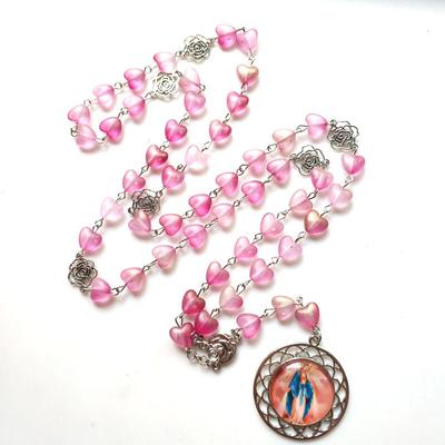 Catholic Heart Shaped Acrylic Beads Rosary Mary Blessing Rosary Prayer Necklace with Pendant Amulet Virgin Mary for Cross Pendant Rosary Necklace