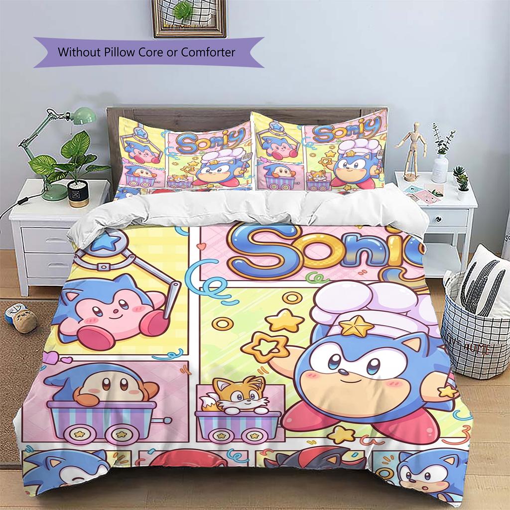 Hedgehog Sonic Pattern Bedding Quilt Set Quilt Cover Pillowcase Home Decoration Birthday Gift (1 * Duvet Cover + 2 * Pillowcase, Without Core)
