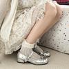 Gentle Wind Evening Small Leather Shoes Women's Ballet Mary Jane Shoes French Silver Small Leather Shoes Thick Heel Single Shoes with Skirt