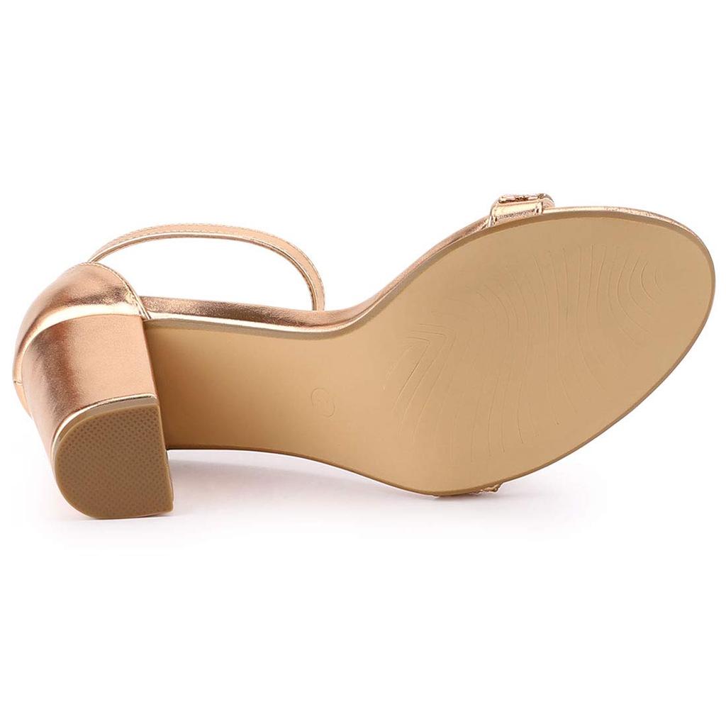 Allegra K Women's Rose Gold Ankle Strap Sandals with Rhinestones and Chunky Heels, Size 24.5cm