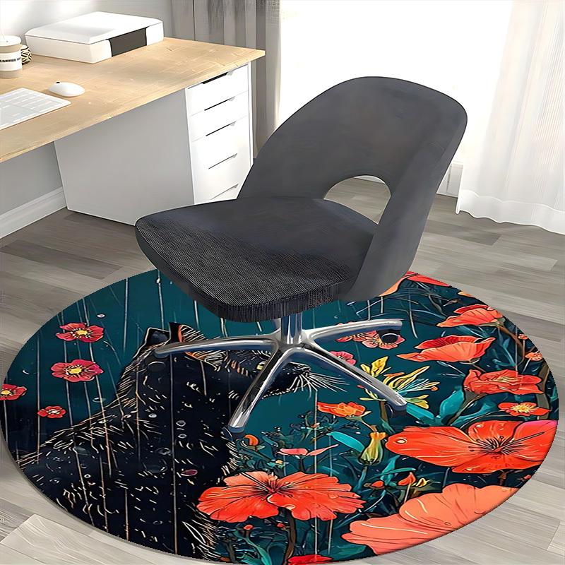 1pc Anime Design Round Carpet Black Cat with Red Flowers Office Chair Mat, Non Slip Rug for Home Decor, All Seasons