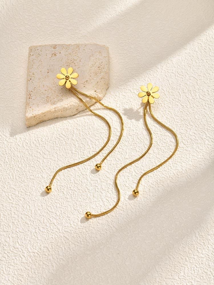 Stainless Steel Daisy Tassel Earrings for Women Gold Color Rolo Chain Drop Earrings Trendy Charm Party Jewelry Gift