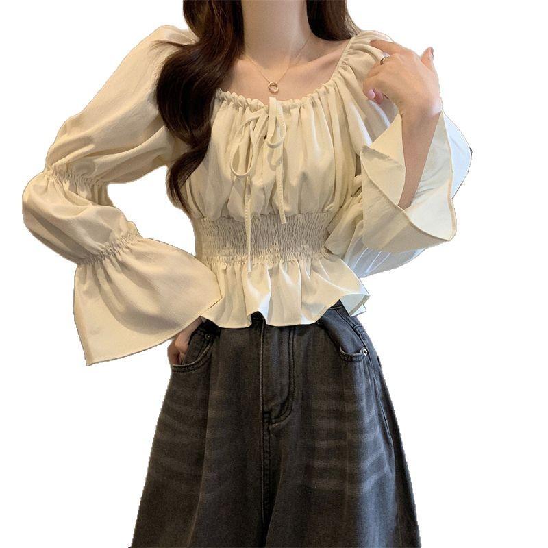 Hemd im französischen Stil Nischen-Temperament Schlüsselbein Sanfter Stil Tailliert Rüschenkante Hemd Top