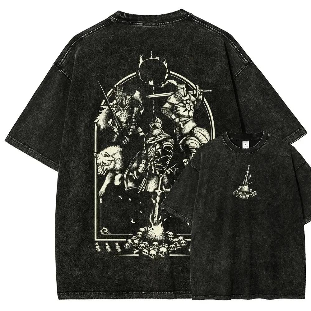 

Dark Souls Washed TShirt Personalized Streetwear FourSeason Loose Fit Unisex YK Short Sleeve for Couples Classic Casual M