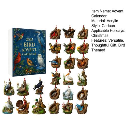 Ptačí adventní kalendář 2025 Odpočítávací krabička na 24 dní Realistické ptačí ozdoby Vánoční stromeček Sváteční dárek pro milovníky ptáků