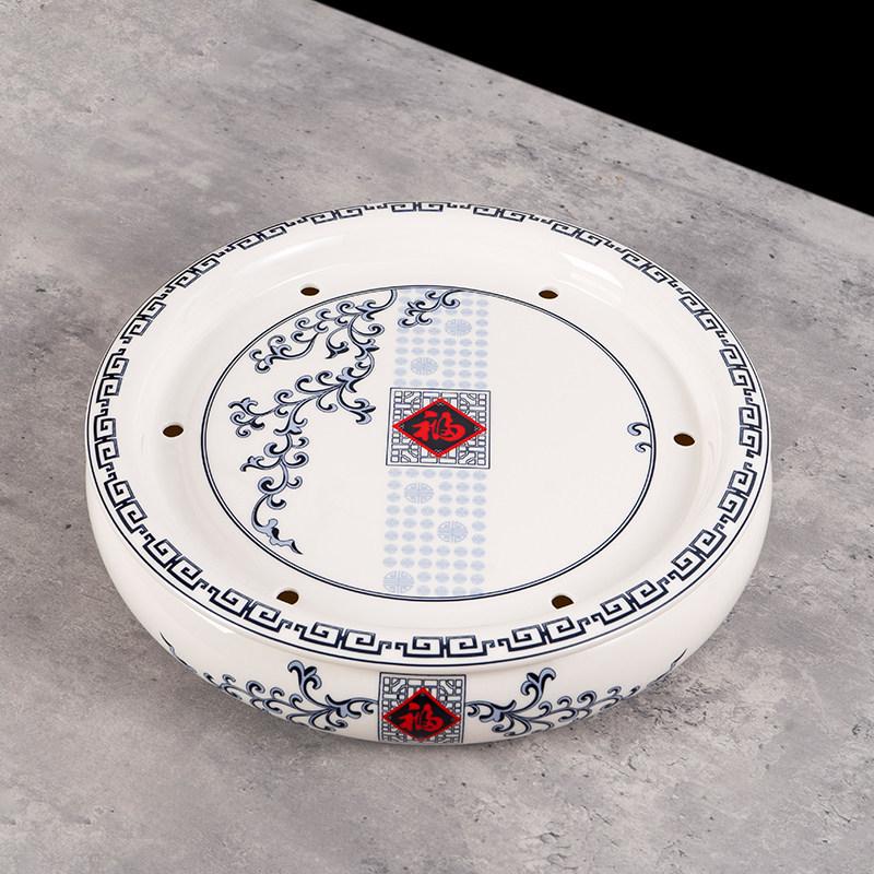 14-inch Ceramic Round Tea Tray for Gongfu Tea, with Double-Layer Water Storage