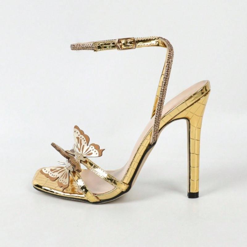 Fashion Luxury Crystal Narrow Band High Heel Sandals Women Fashion Metal Butterfly Decoration Brand Designer Shoes Sexy Party Dress Shoe