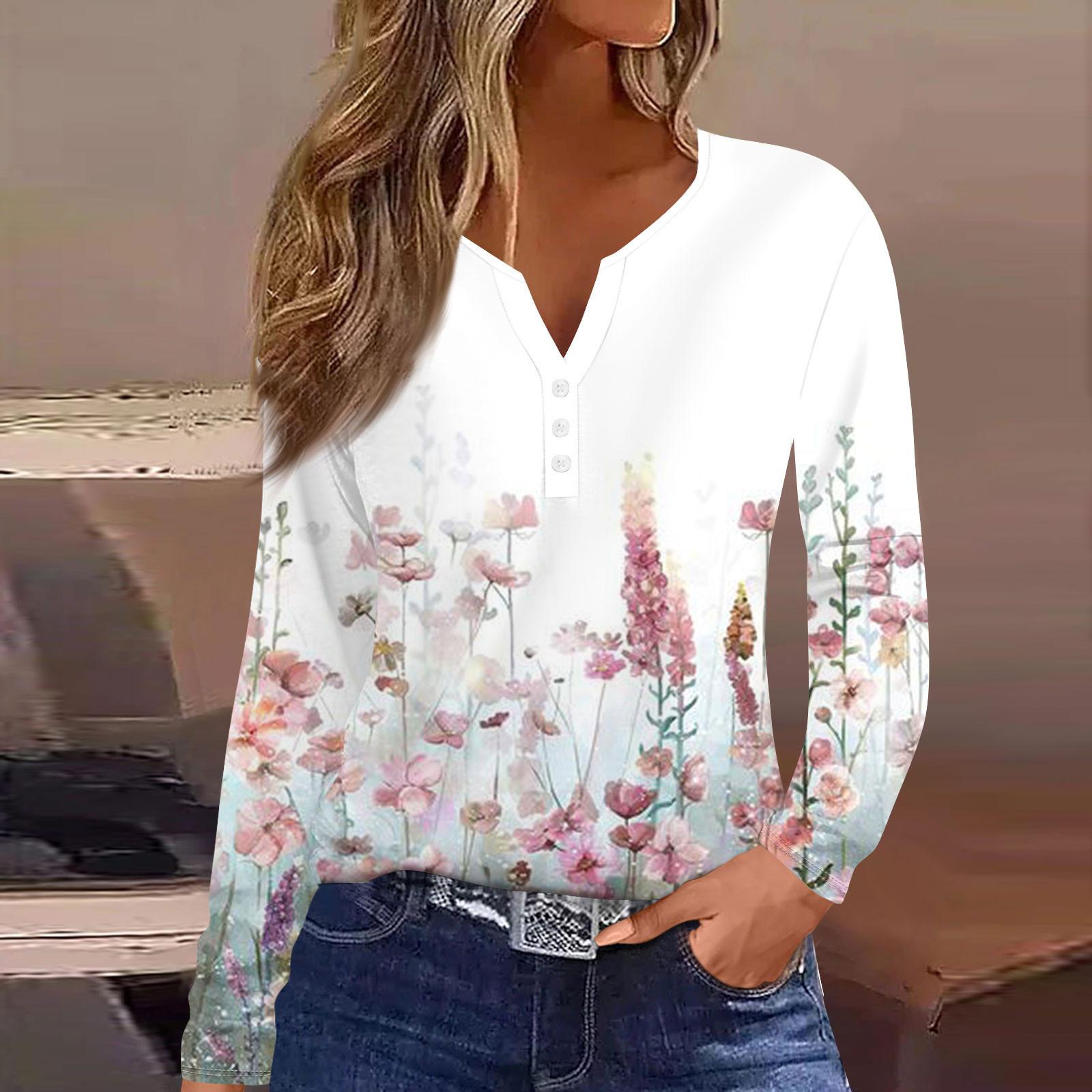 

Женская модная повседневная футболка с v-образным вырезом и длинным рукавом с принтом, топ на пуговицах XXXL белый