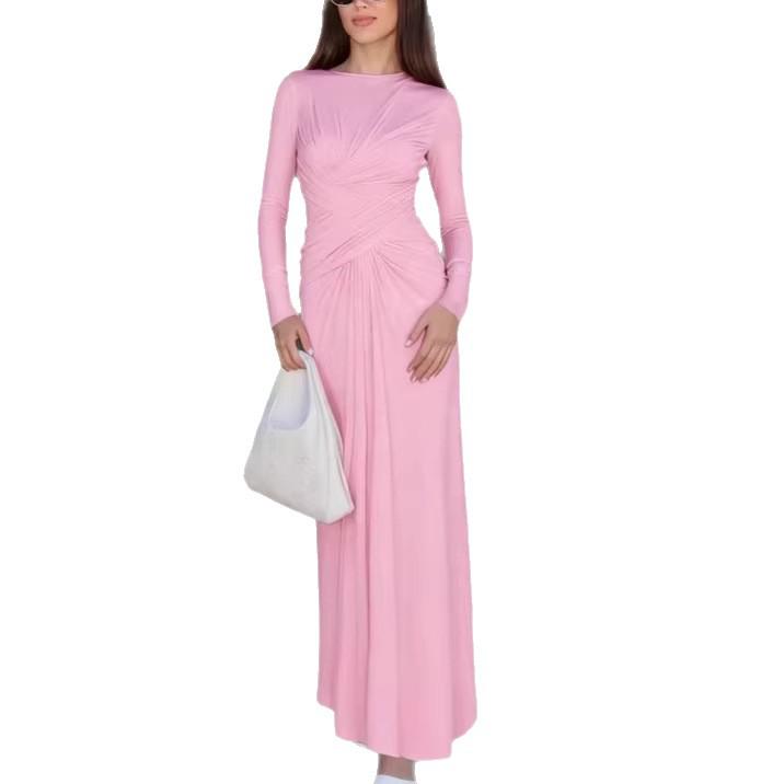 20256 Европейское американское весеннее элегантное плиссированное облегающее однотонное женское платье Large розовый