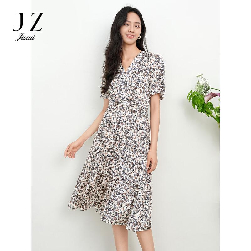 JUZUI Elegant Floral Waist-Cinching Tea Dress M
