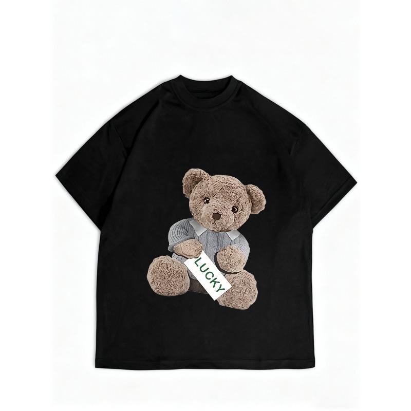 Women Loose T Shirt Black Teddy Bear Lucky Print Casual Top For Daily Wear