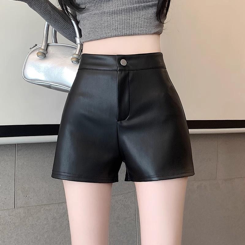 Women's Fall Winter Y2K Matching Shorts Black PU Leather Slimming Base Outer Wear A-Line High Waisted Hot Pants Mini Shorts