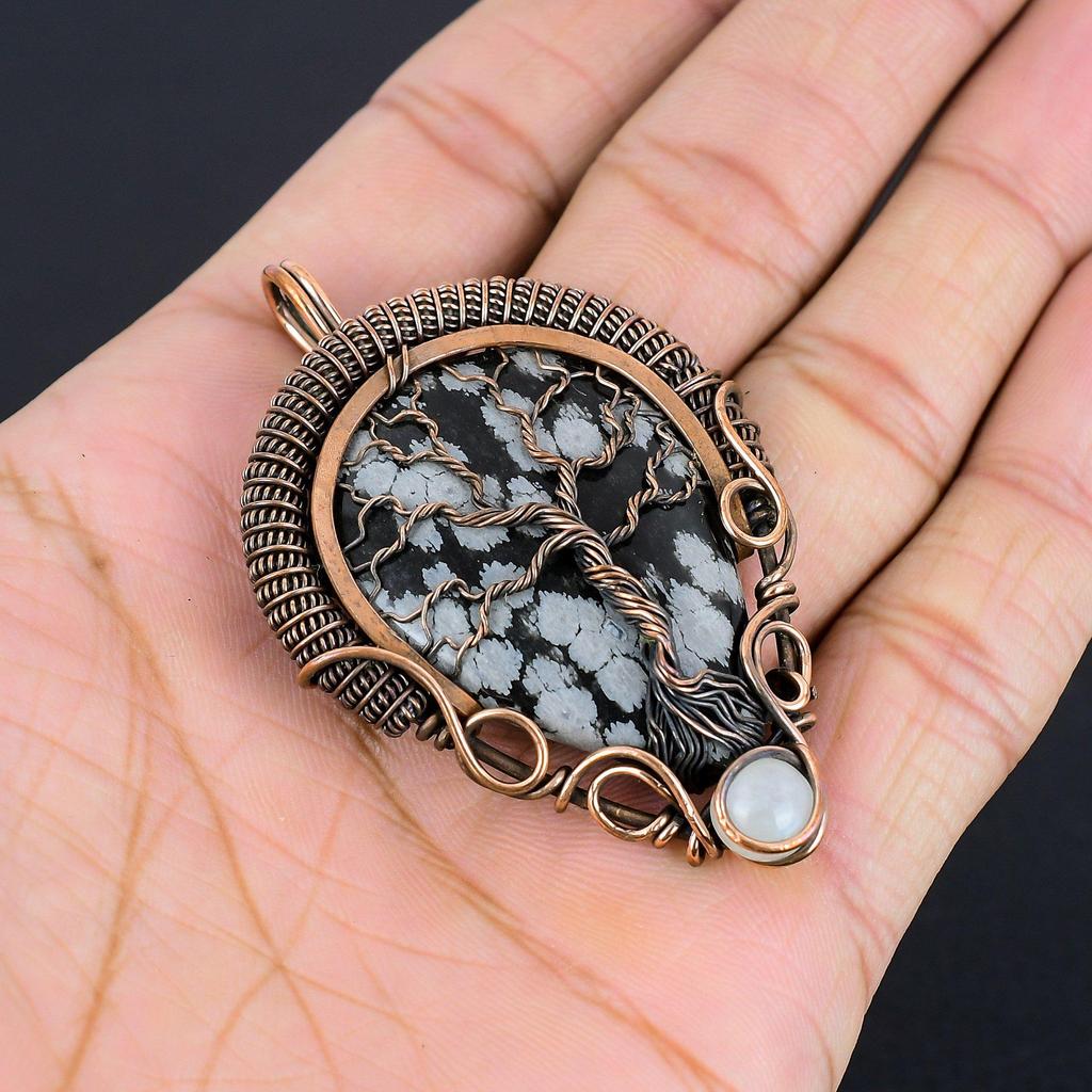 Tree Of Life Snowflake Obsidian Pendant, 999 Copper Wire Wrapped Gemstone Handmade Dainty Jewelry Pendant, For Her