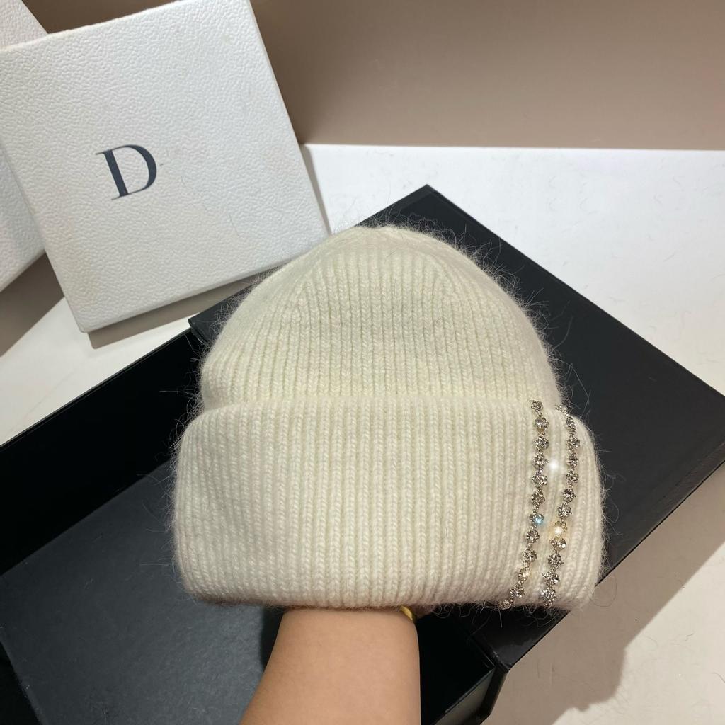 Bonnet Tricoté Double Épaisseur en Poil de Lapin Long Style Mode Célébrité Chapeau en Laine Hiver Extérieur Chapeau Thermique