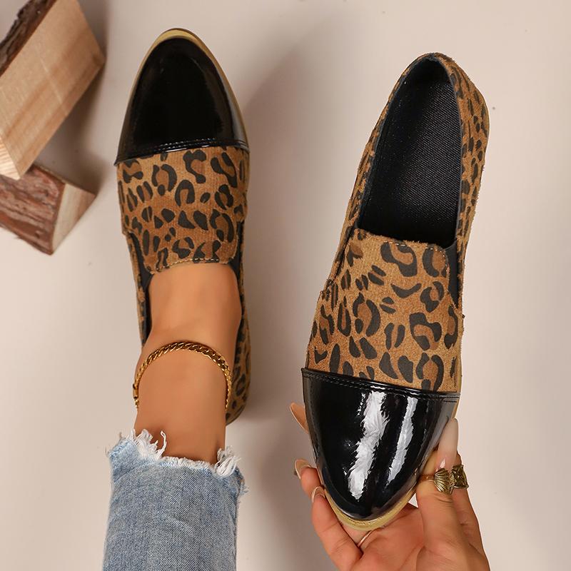 Leopard Printed Women's Low Heel Pumps Fashion Patent Leather Patchwork Dress Shoes for Women Comfy Pointed Toe Slip On Loafers