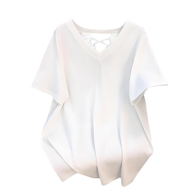 Plus Size V-Neck Loose Mid-Length Short-Sleeve T-Shirt for Women