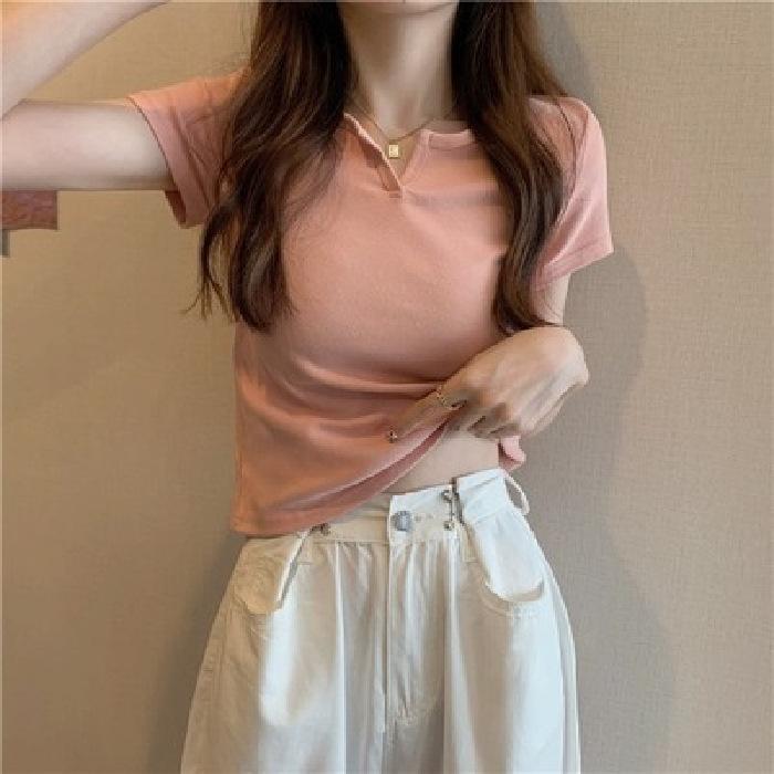 Small V-neck Short Design Slim Body Suit for Women In Summer Navel Exposed Solid Color Short-sleeved T-shirt for Women