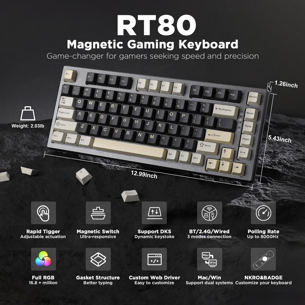 YUNZII RT80 82-Tasten-Rapid-Trigger-Tastatur, Hall-Effekt, kabellose mechanische Tastatur, Gaming, Magnetschalter, RGB-Dichtungshalterung, Hot-Swap mit benutzerdefiniertem