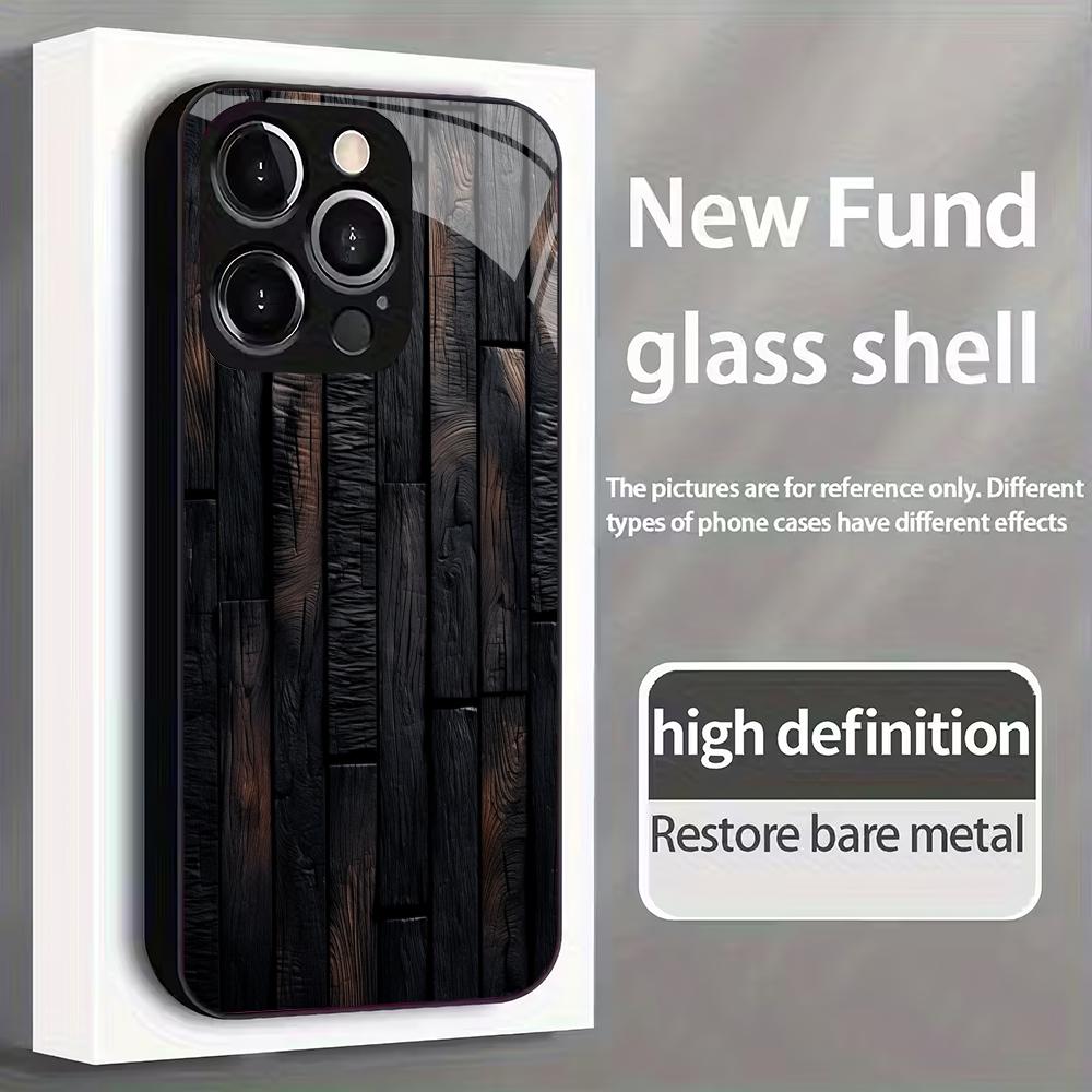 Black Charcoal Wood Grain Pattern Tempered Glass Phone Case Suitable for iPhone 17 16 15 14 13 12 11 Pro/Max/Plus Anti Drop