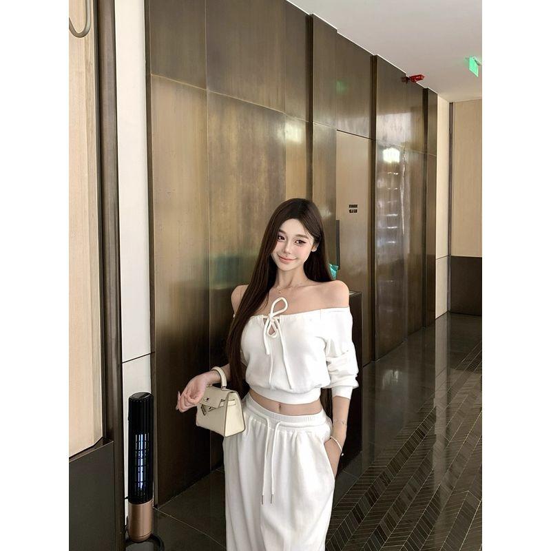 Kumikumi Elegant Outfit Short off-Shoulder Long Sleeves Sweatshirt Female Fall High Waist Drawstring Loose Pants Two-piece Set