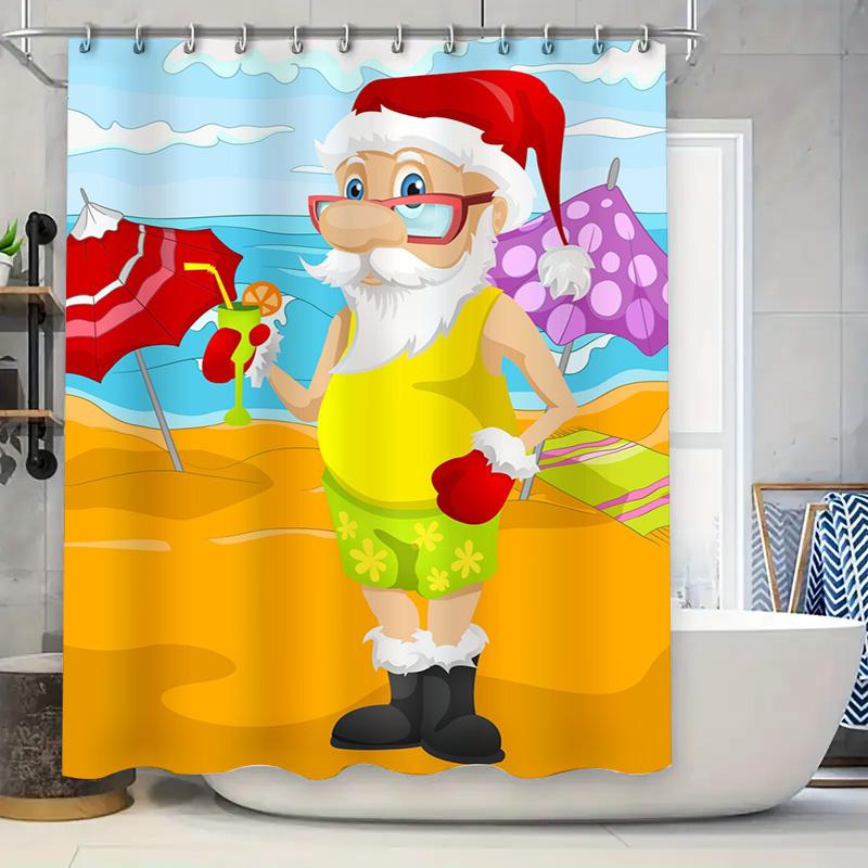 Tu Santa Claus Beach Shower Curtain Tropical Summer Vacation Holiday Bathroom Decor Festive Christmas Gift Coastal Vibes Wall Ar